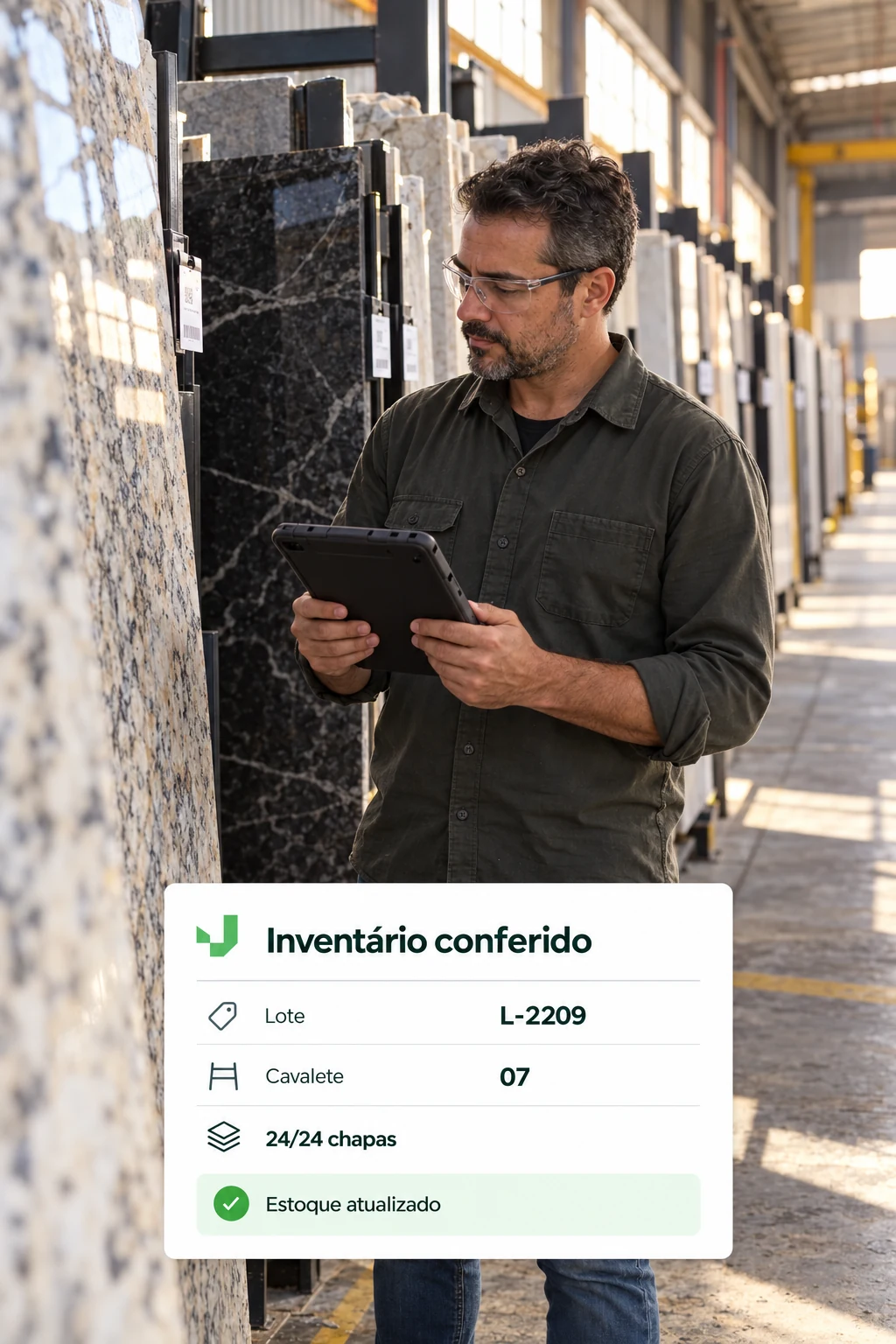 Profissional conferindo o inventário de chapas com tablet em um galpão de rochas, com card ilustrativo do sistema Valesoft.